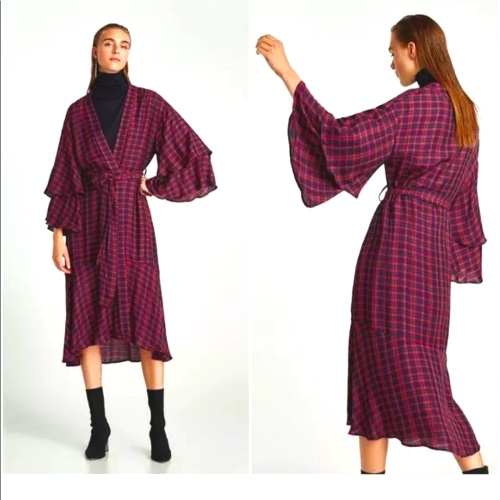 ZARA NWT Plaid Checkered Kimono Belted Dress. XSmall/Small